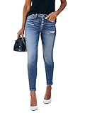 KUNMI Women's High Waisted Skinny Stretch Ripped Button Fly Jeans Destroyed Denim Pants