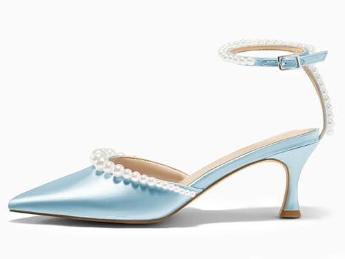Image of Coutgo Womens Pearl Kitten Heels Closed Pointed Toe Wedding Bride Dress Shoes Ankle Strap Satin Pumps