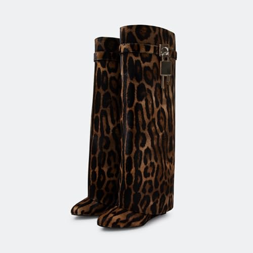 Image of keleimusi Fold Over Wedge Boots Heeled PadLock Pant Knee High Shoes Tall /Short Booties