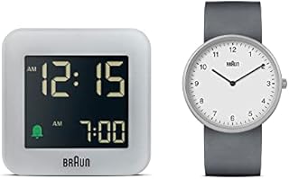 Braun Geschenkset 2-Zeiger Analog Quarzuhr mit weißem Zifferblatt, grauem Silikonkautschukband und Zwei Zeigern Digitaler Reisewecker in Grau, Modell BN0231WHGYG, BC08G (2er Pack)