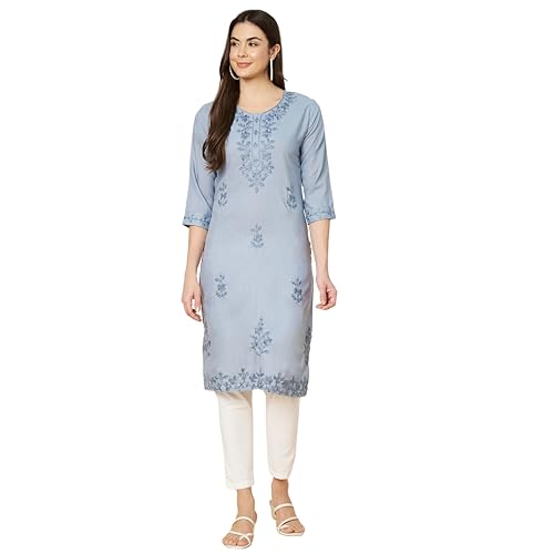 Image of Women's Chikankari-Lucknowi Embroidered Work | Knee Length | Round Neck | Cotton Fabric | Straight Kurta
