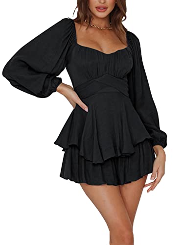 Lyaner Women's Jumpsuit Lantern Long Sleeve Ruffle Layer Tie Mini Short Romper Solid Black Small #TOP3