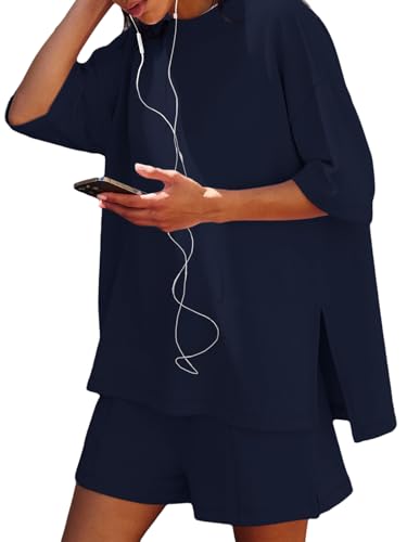 Womens Shorts Sets 2 Piece Outfits Summer 2025 Half Sleeve Crew Neck Cotton Lounge Sets Matching Clothing3