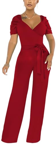 Image of PaladMom Womens Elegant Plus Size Jumpsuits Sexy Back zipper Short Sleeve Mid Waist Wide Leg Straight Rompers
