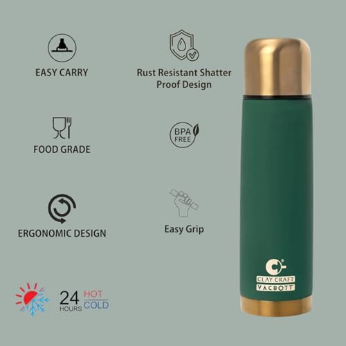 Image of Clay Craft Vacbott Terra Royal Double Walled|18 Hours Hot and 24 Hours|Cold Water Bottle Vacuum Insulated|Thermosteel|Flask Bottle 500 ml|2 Pcs Travel Bottle|BIS Certified|1 Year Limited Warrnaty