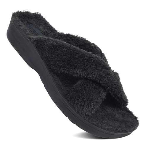 AEROTHOTIC Fuzzy Slippers Cute Fluffy Outdoor & Indoor Non-Slip Sole Orthopedic Slippers For Women Comfy Cross Band Arch Support Heel Cup Open Toe Winter Ladies Slides Shoe