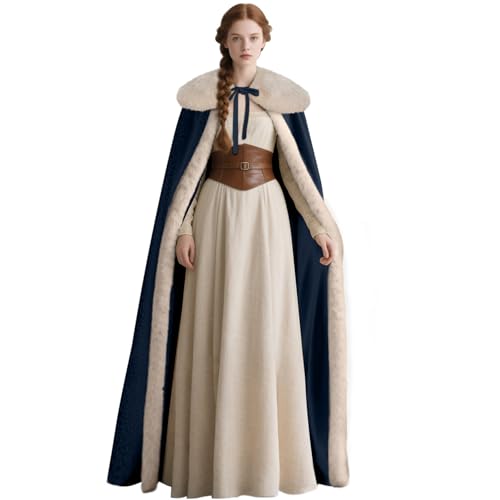 keland Capa de terciopelo renacentista con cuello de piel vikinga para mujer, disfraz de Halloween (azul marino)