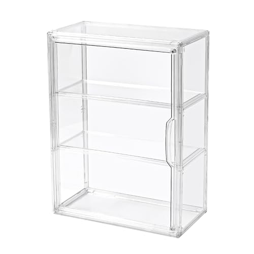 3 Tier Display Case for Collectibles,Clear Display Box with 2 Movable Plates ,Storage Container with Magnetic Door (Large 1 Pack)