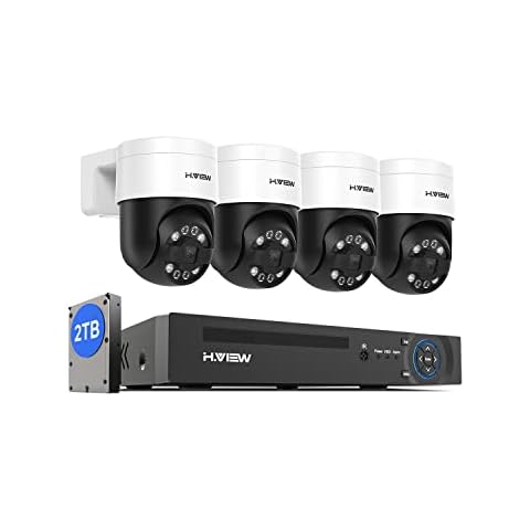 H.VIEW 4k NVR with 2TB HDD Home PTZ Security Camera System Outdoor Rotating Pan and Tilt 5MP POE 4pcs Surveillance Cameras, Two-Way with Audio, 7/24 Recording Cover