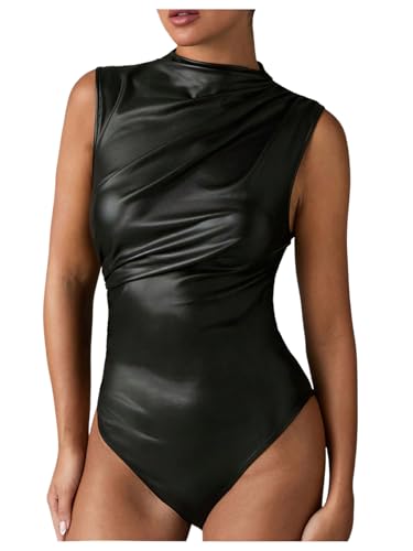 WDIRARA Women's Mock Neck PU Leather Bodysuit Ruched...