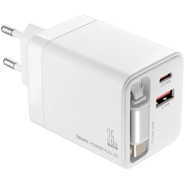 TROIKA Wtyczka do ładowania z technologią szybkiego ładowania Power Pull 35 USB-C i USB-A oraz wyciągany kabel USB-C o długości 70 cm do jednoczesnego ładowania wielu urządzeń, z tworzywa sztucznego w