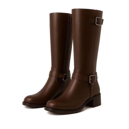 Women’s Knee High Boots for Women, Moto Biker Harness Riding, Round Toe Stacked Heel, Side Zip, Non-Slip Outsole, Cushion Insole, Wide Calf, Faux Leather