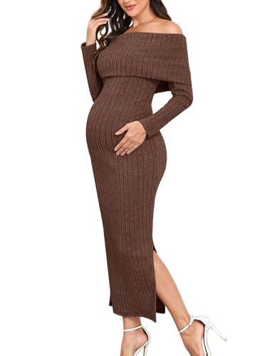 AISWI Maternity Sweater Dress Off The Shoulder Rib Knit Long