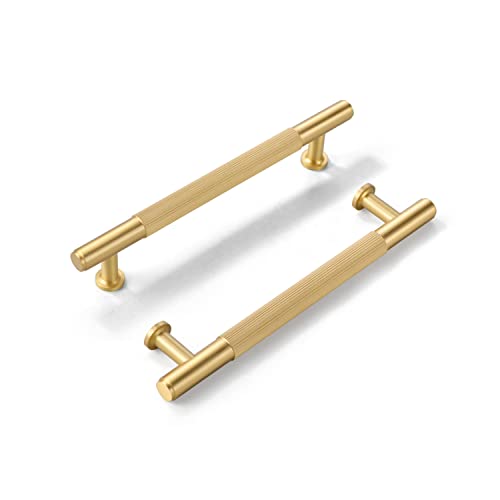 SALISENG-5 Pack Brushed Gold Cabinet Handles, Solid Brass Kitchen Drawer Pulls, 5 Inches Furniture Door Handles for Cupboard Bedroom Wardrobe(Arina) by SALISENG - Used condition - US$37.97