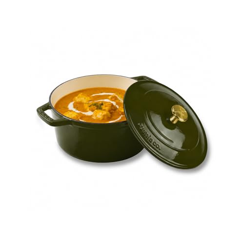 Image of CUMIN CO. Cast Iron Dutch Oven 1.2L, 16 cm | Induction Base Cookware | 10 Years Warranty | Non Toxic Non Stick Biryani Pot with Lid | Heavy Bottom | Chemical Free Coating | Free Accessories | Green