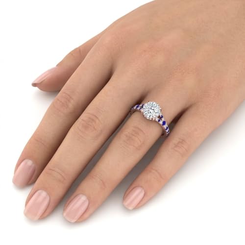 Image of Choose Your Gemstone Round Split Halo Pave Diamond CZ Ring Rose Gold Plated Round Shape Halo Engagement Rings Matching Jewelry Wedding Jewelry Easy to Wear Gifts US Size 4 to 12
