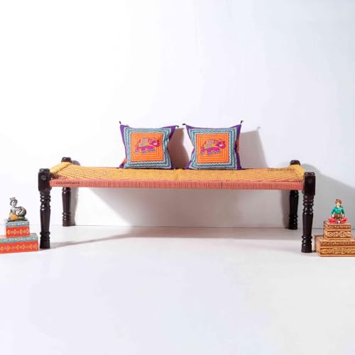 Image of Solid Sheesham Wood Charpai Khat Bed | Wooden Khatiya Charpai Desi | Handcrafted Khatiya Bed with Cotton Rope | Strong Khat for Indoor & Outdoor Use | 6X3 Feet | Orange and Yellow