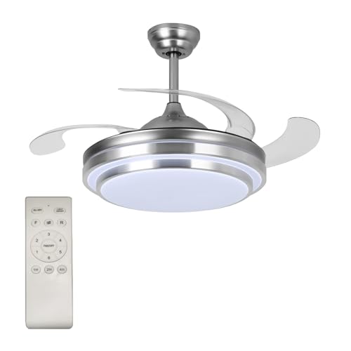 USOR 42" Retractable Ceiling Fan with Lights and Remote Control Modern Ceiling Fan with Retractable Blades, Silent Motor, 3 Light Color Changes, Brushed Nickel for Bedroom Living Room Dining