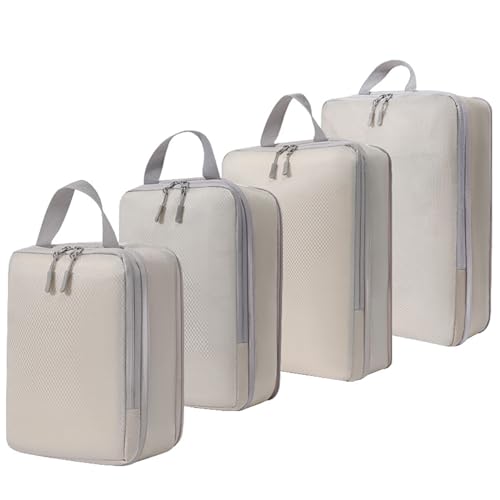 Expanding Travel Packing Organizers GENHY 4 Set Compression Cubes for Luggage Space Saving (Beige)