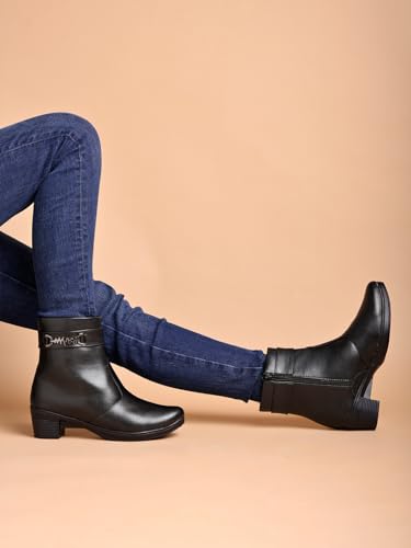 Image of Women's Ankle Boots with Side Zipper and Metal Detail Low Heel Faux Leather Booties for Everyday Comfort and Style