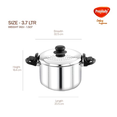 Image of Praylady 3.7L Stainless Steel Strainer Pot (Without Glass Lid), Pasta Pot - Multipurpose for Pasta, Rice & Noodles with Built-in Strainer Lid, Induction Base, Dishwasher Safe, 2-Year Warranty