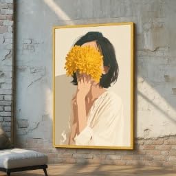 Portrait de jeune fille minimaliste, toile fleurs jaunes et affiche femme bohème 60x90cm