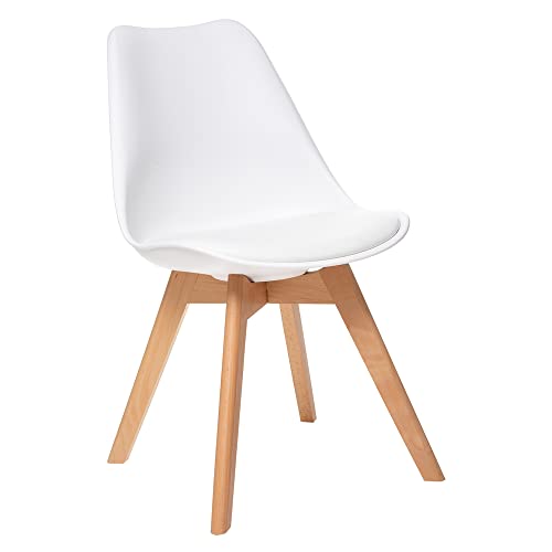 Atmosphera Créateur d'Intérieur - Chaise Baya Blanc - Plastique et Hêtre - Salle à Manger, Cuisine, Bureau, Salon - Confortable Coussin Intégré