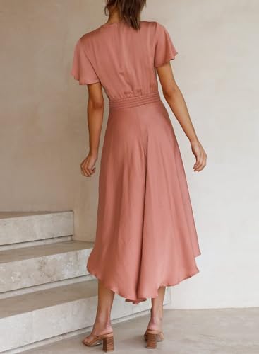 Image of miduo Womens Satin V Neck Ruffle Short Sleeve Tie Front High Waist Midi A-Line Maxi Dresses