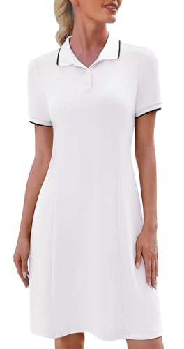 WEACZZY Womens Polo Collared Dress Short Sleeve Golf Tennis Dress Mini T Shirt Summer Dresses,White,Medium