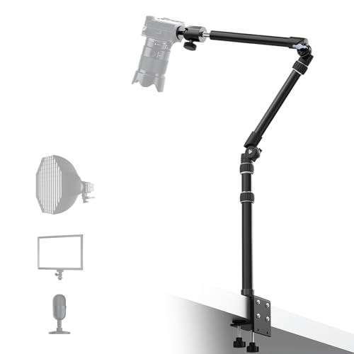 【All Metal】RAUBAY Desktop Magic Arm, Overhead Camera Desk Mount, Table Light Stand with 1/4“ Ball Head, 3/8" & 5/8" Adapter, C Clamp, Retractable Boom Arm for DSLR, Webcam, Microphone, Projector DMA01