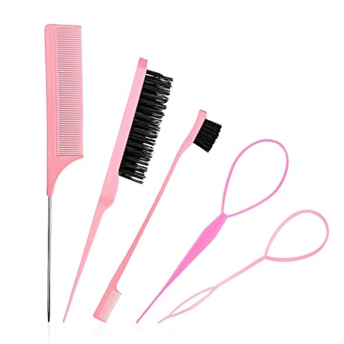 5 Pcs Slick Brush Set Plastic Bristle Hair Brush and Teasing Comb and Topsy Tail Hair Tool Rat Tail Comb Double Sided Edge Brushes for Hairs Slicking Brushing Combing and Styling(COLOR:Pink)