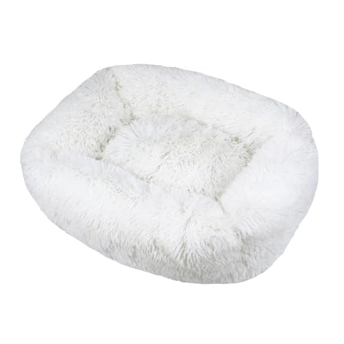 Hiseng Soft Fluffy Dog Bed, Simple Solid Color Self-Warming Cat Bed Washable Square Dog Beds Medium, Plush Anti-Slip Bottom Donut Cat Beds for Indoor Cats (S 55x45cm,White)
