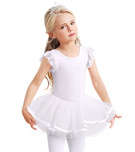 Mädchen Ballettkleidung Ballettkleid Baumwolle Tanzkleid Tutu Ballett Tütü Kinder Balletttrikot mit Rock Ballerina Kleid Weiß 5-7 Jahre