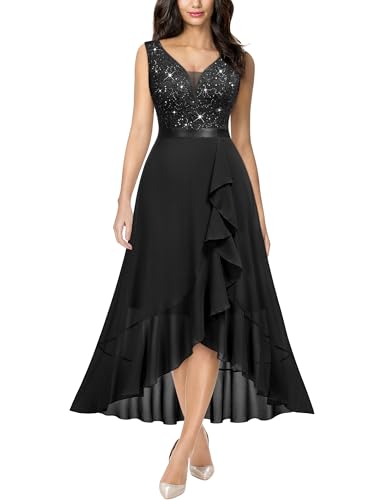 Miusol Women's Vintage V-Neck Sleeveless Sequined Floral Lace Ruffle Split Evening Party Dress