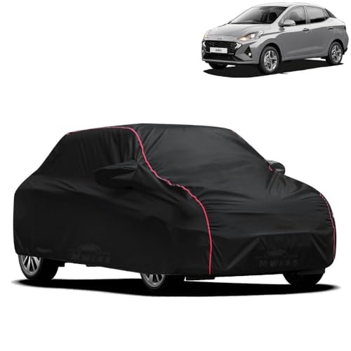 Image of Waterproof Car Cover for Hyundai Aura | All-Weather Protection, Dustproof & UV Resistant | Triple Stitched Mirror Pockets, Windproof Buckle Strap with Elastic Hem, Black-Red Piping