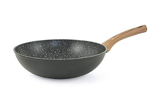 Wok 30 cm en aluminium forgé noir avec manche aspect bois rustique