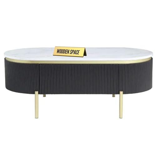 Image of WOODEN SPACE Premium Marble-Top Center Table with Iron Legs | PVD Coated Modern Coffee Table for Living Room & Entryway | 42x24x18 Inches (Black)