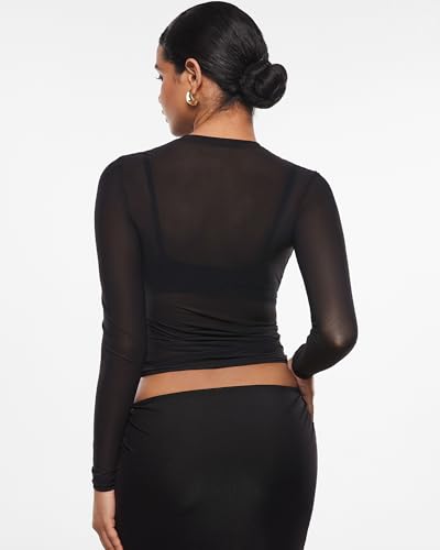 INLYRIC Women's Cosnufy Mesh Sheer Long Sleeve Tops See Through Crew Neck Going Out Tops Trendy Sexy Shirts4