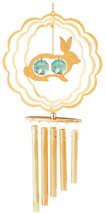 24K Gold Plated Wind Chime Sun Catcher or Ornament Rabbit in Scalloped Circle with Green Mascot Crystal