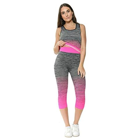 Gimbles® New 2 Piece Women's Yoga Running Fitness Gym Work Out Leggings 3/4 and Vest Top Set (Pink, One Size 8-14) Cover