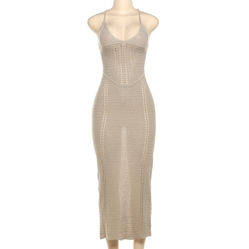 Image of BOLLEY JOSS Women Crochet Knit Bodycon Maxi Dress Sexy V Neck Backless Hollow Out Lace Up Corset Dress Sundress Beach Dresses