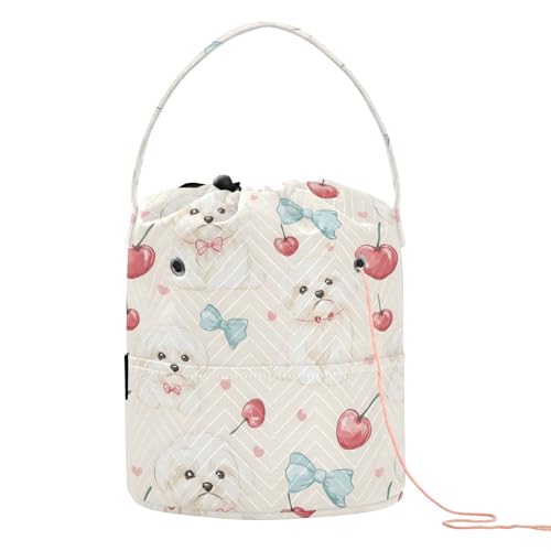 Yarn Storage Bag Small Crochet Bag Knitting Bag Organizer Dogs Cherry Yarn Bags for Crocheting Basket