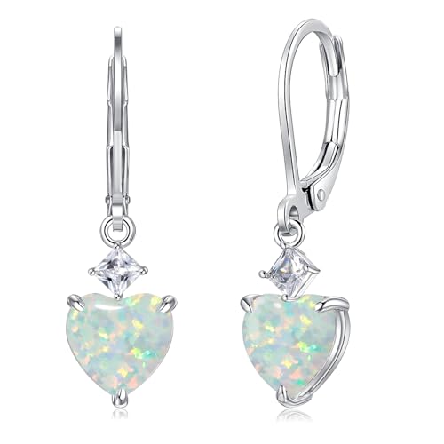 CiNily Heart Opal Leverback Earrings for Women Teen Trendy 14K White Gold Plated Heart Pendant Earrings Cubic Zircon Ear Rings Opal Jewelry Gifts