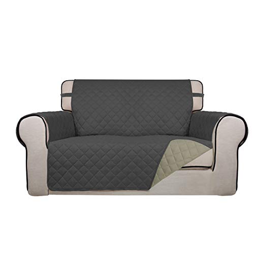 Image of PureFit Reversible Quilted Sofa Cover, Water Resistant Slipcover Furniture Protector, Washable Couch Cover with Non Slip Foam and Elastic Straps for Kids, Dogs, Pets (Loveseat, Dark Gray /Beige)