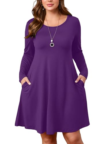 Image of AusLook Women's Plus Midi Dress Long Sleeve Crew Neck A-Line Swing Flowy Vacation Fall Wedding Guest Dresses with Pocket 1-5X