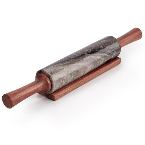 EHC Marble Rolling Pin for Baking with Acacia Wood Stand, Non-Stick Surface for Pizza Dough, Naan Bread and Pastry, Durable Kitchen Accessory, Perfect for Bakers & Chefs Tool - Natural Beige