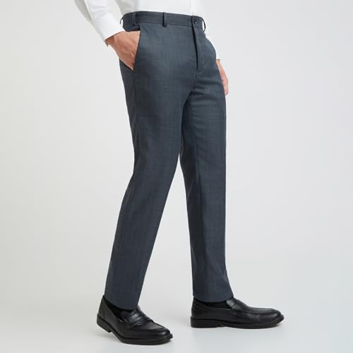 Image of Raymond Men's Slim Fit Mid Rise Structure Pattern Poly Viscose Blend Flat Front Formal Trouser