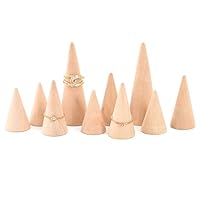 Luckforest Natural Wood Cones, 10Pcs 3 Different Sizes Wood Cone Rings Holder Jewelry Display Stand Vertical Shaped Unpainted Wooden Cones for Girls Women DIY Craft