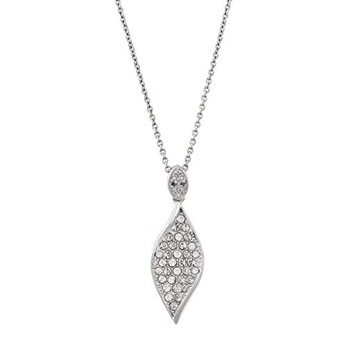 Finecraft Leaf Pendant Necklace with White Crystals & Diamond Accents in Rhodium-Plated Bronze, 18