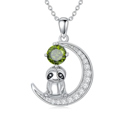 Sloth Necklace for Women 925 Sterling Silver Cute Sloth in Moon with Natural Round Cut Peridot Pendant Necklace